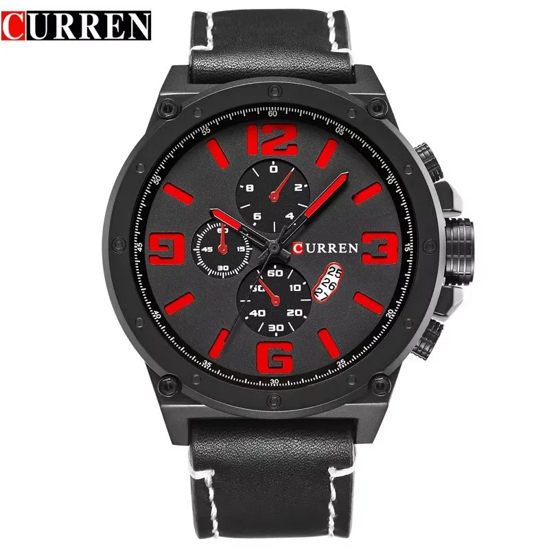 CURREN 8230 แฟชั่น Big Dial Design นาฬิกาข้อมือสําหรับชาย Casual หนังสายรัดควอตซ์ Auto วันที่นาฬิกากล่องนาฬิกาสําหรับชาย