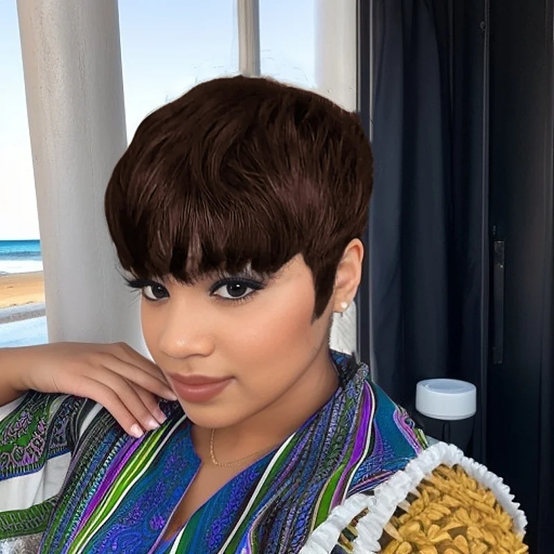 짧은 레이어드 픽시컷 인모 가발 앞머리 포함 블랙 브라운 99j 색상