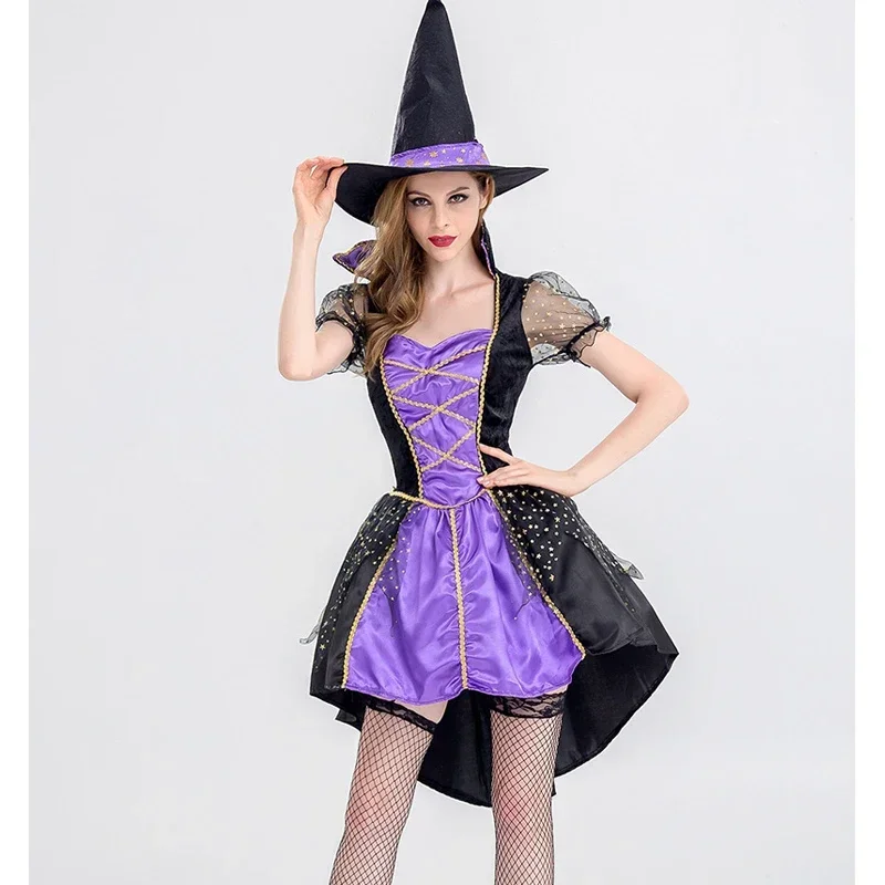 Multiple Carnival Halloween Lady Purple Elegant Witch Costume Cute Tuxedo Magic Sorceress Playsuit Cosplay Fancy Party Dress M17