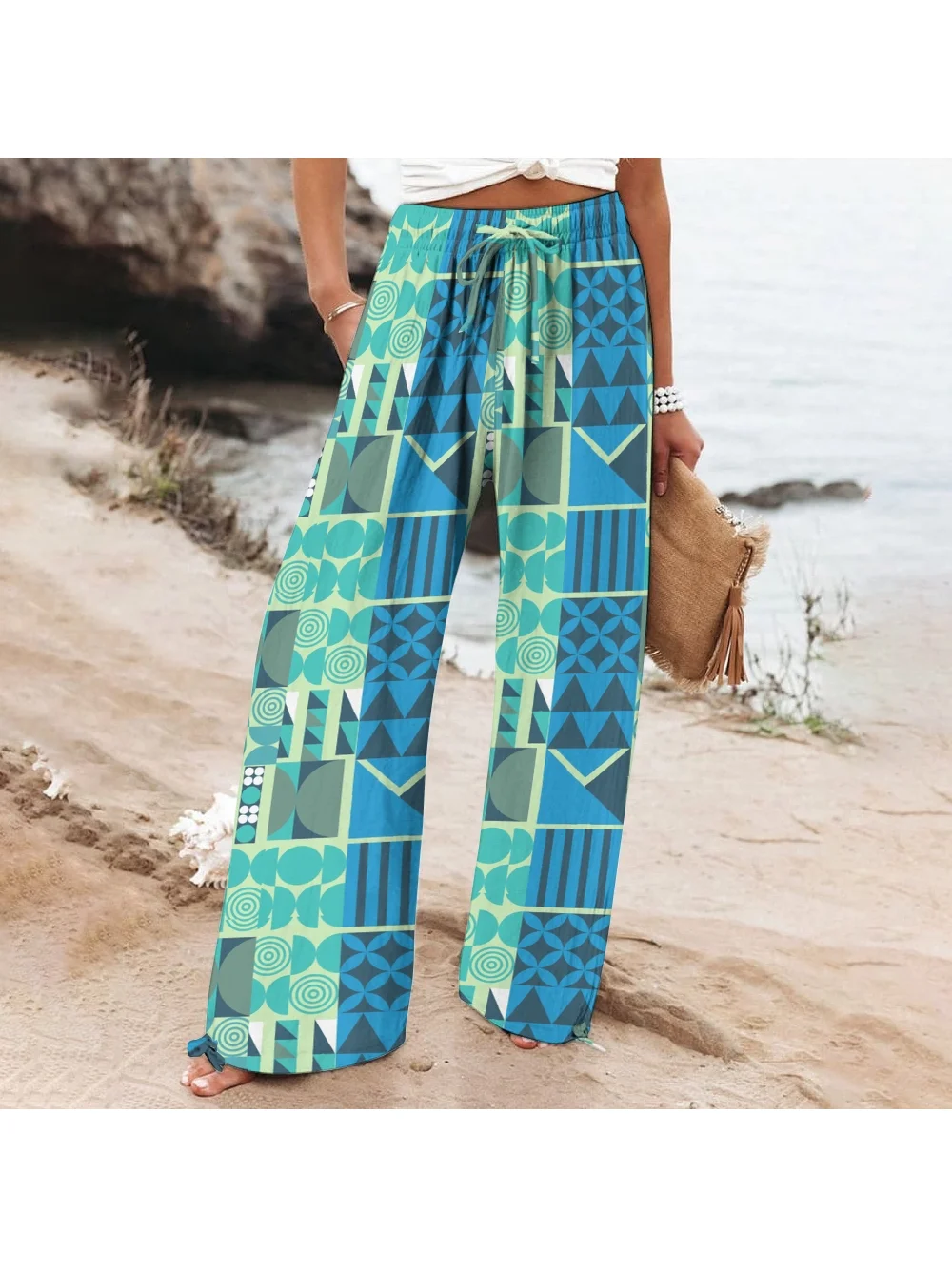 Beach Casual Straight-Leg Pants Retro Fresh Women's Loose Wide-Leg Pants Chic New Style Drawstring Straps Fashion Trousers