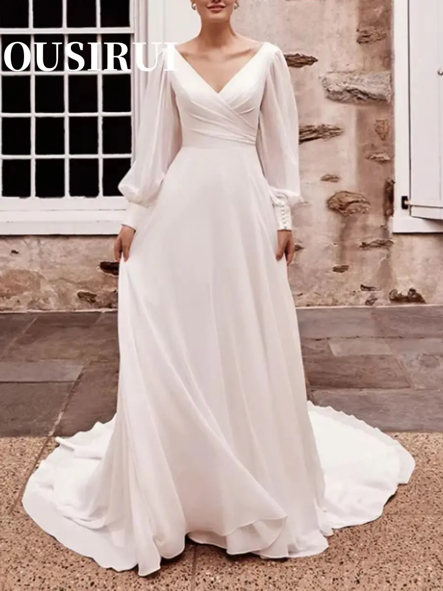 

White Pleated Card Shoulder Round Neck Wedding Dress Satin Pleated Maid Of Honor Romantic Backless Wedding Long Sleeve