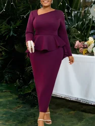 Elegant Church Dresses for Women Asymmetrical Neck Long Sleeves Ruffles Pencil Bodycon Party Office Ladies Femme Fashion Gowns