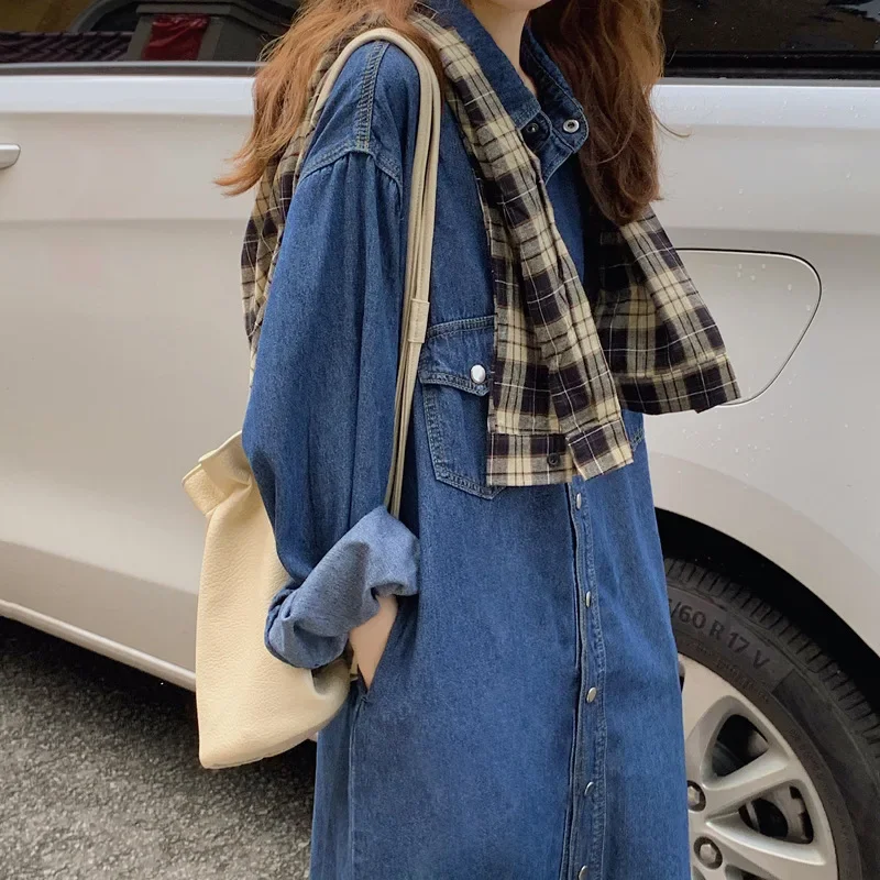 Shirt Dress Women Casual Long-sleeved Blue Denim Dress Pocket Elegant Denim Fashion Slim Denim Dress 2023 New Autumn and Winter