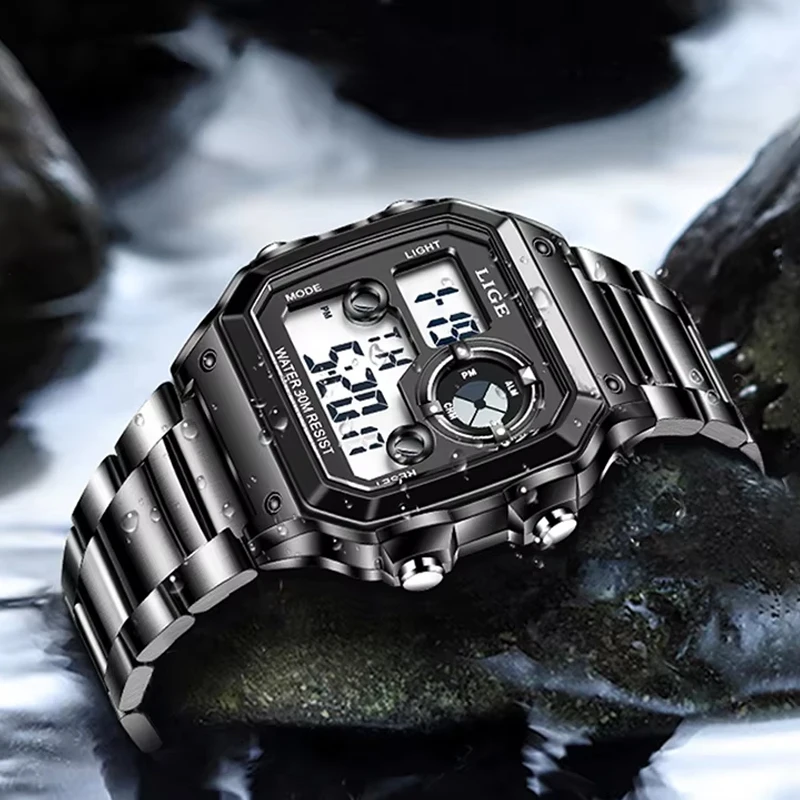 Мужские часы LIGE из нержавеющей стали, водонепроницаемые спортивные часы с календарем, цифровые часы, деловые светящиеся электронные часы с хронографом для мужчин