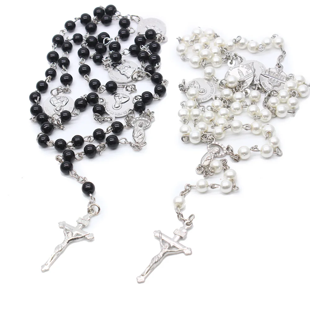 Catholic Black Crystal Cross Pendant Necklace Vintage Men and Women Jesus Religious Jewelry Rose Prayer Beads 8mm Gothic Alloy