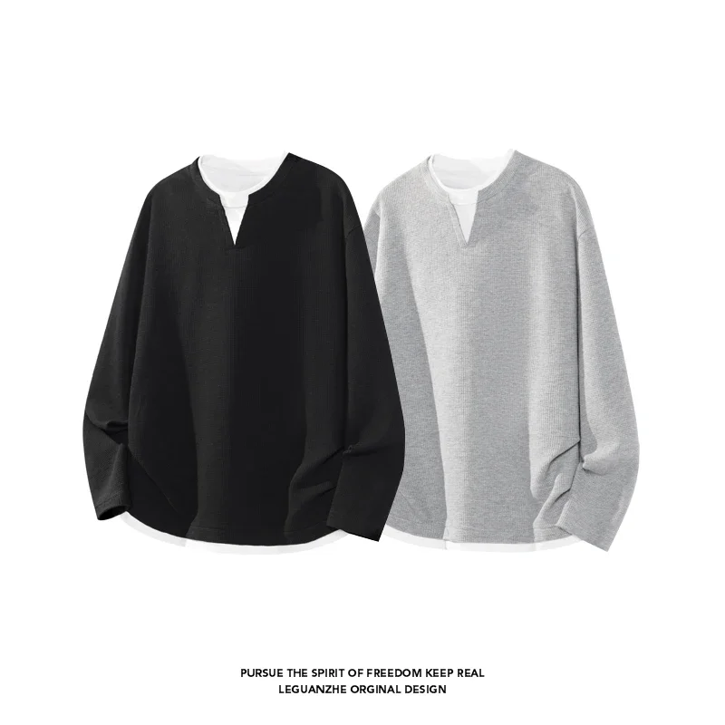 Casual Notch Neck Long Sleeve Shirt For Men Waffle Weave Fake Layered Hem Relaxed Fit Outdoor Daily Walking Clothing