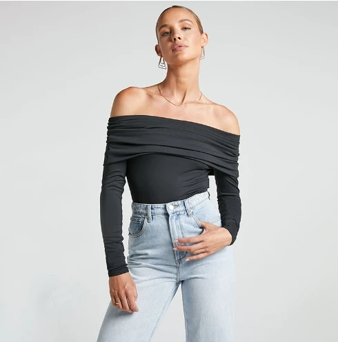 Nuevo mono de mujer a la moda nuevo mono de manga larga sin tirantes doble ciudad plegable con un cuello y hombros descubiertos