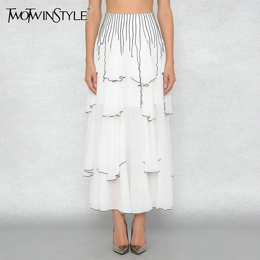 

TWOTWINSTYLE 2026 Летние модные показы: Белые прозрачные макси-юбки с черной оборкой и высокой талией для женщин, для художественных выставок