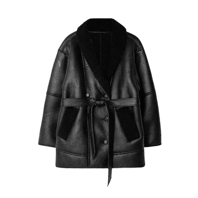 TARUXY Fashion Cashmere Leather Women's Coat Lapel Fur Collar Belted Jacket Loose High Street Outwear Long Sleeve Female Coats