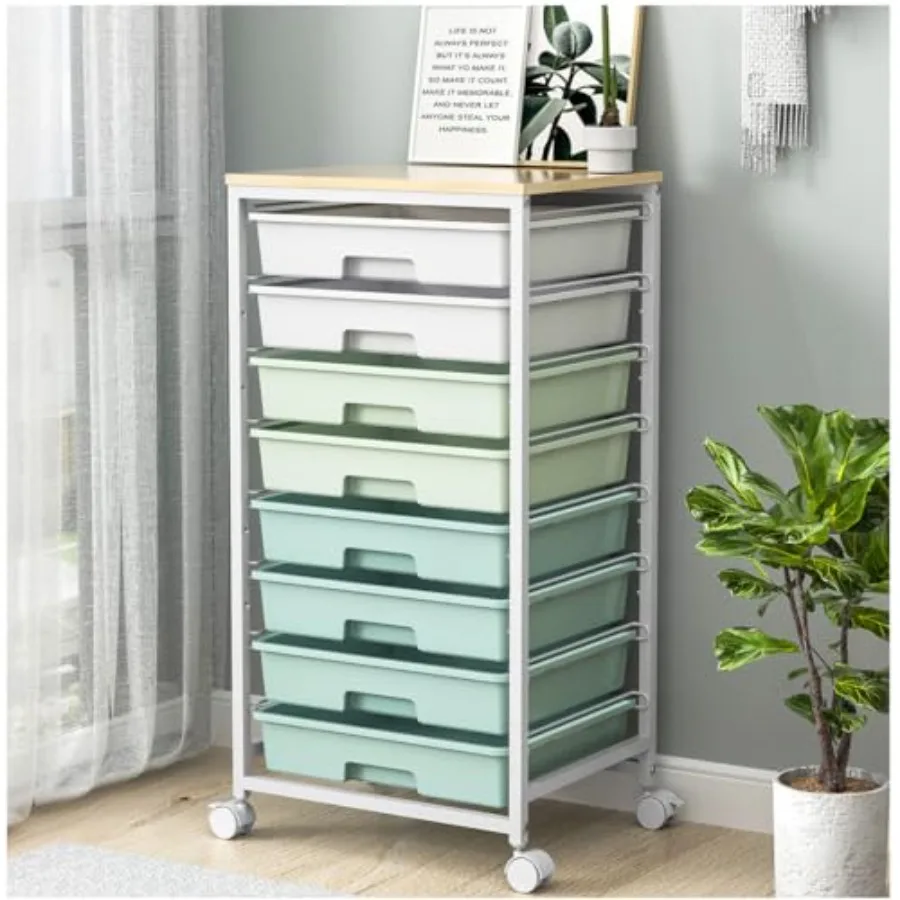 

Rolling Storage Utility Cart Organizers with 8 Drawers and Wooden Tabletop for Living RoomOffice Classroom Craft Room Bedroom D