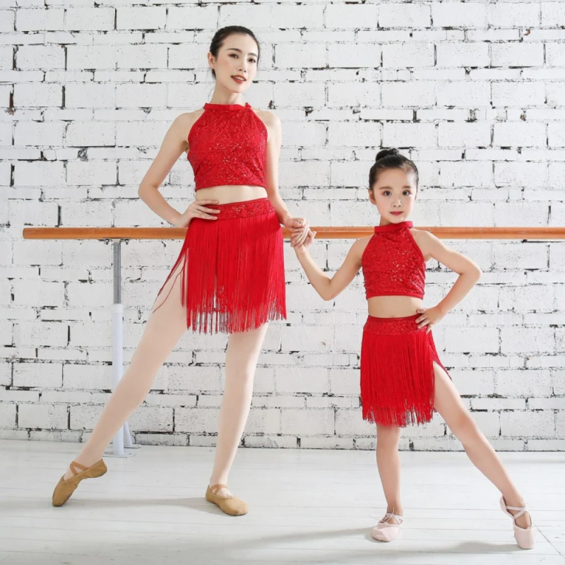

Women Latin Dance Dress Set Fringe Latin Dance Clothes Kids&Mom Competition Salsa Costume Black Red Child Ballroom Tango Dresses