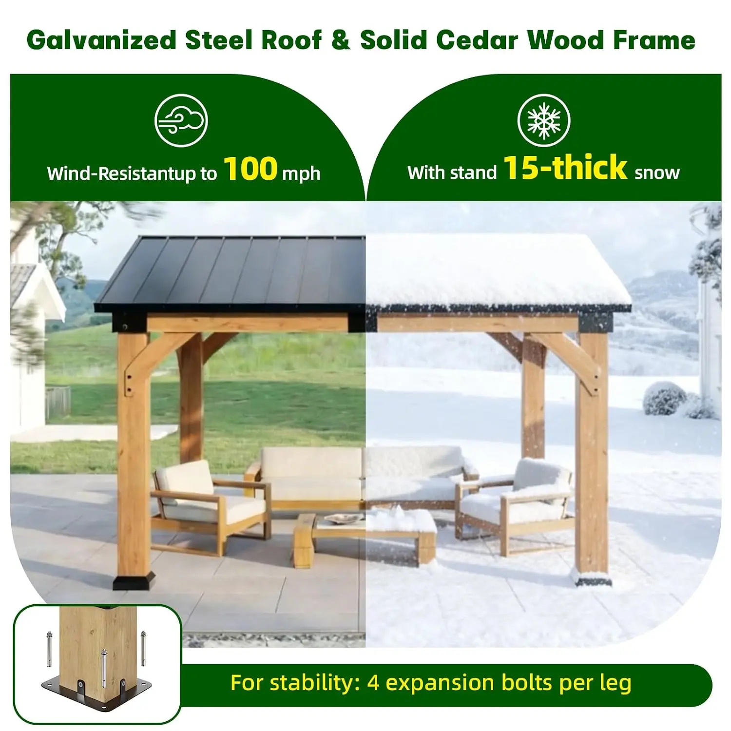 10x12 ft Ceder Wood Gazebo, Hardtop Gazebo with Galvanized Steel Peak Roof, Custom view 4