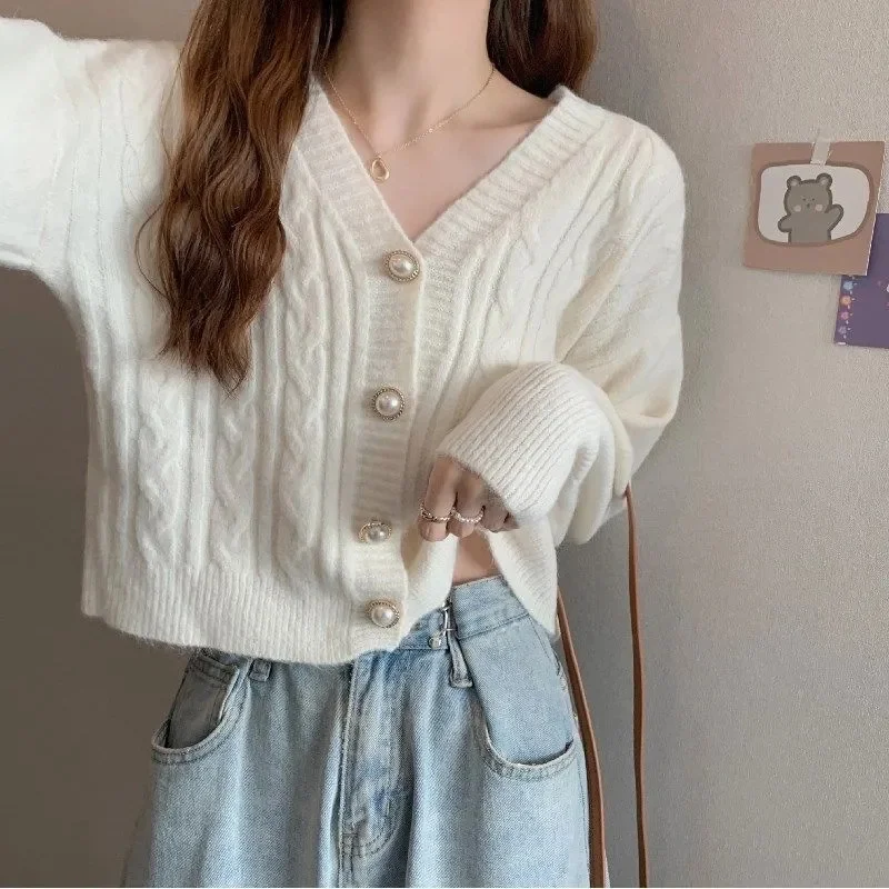 

Женские кардиганы с v-образным вырезом и длинными рукавами, вязаная верхняя одежда, однотонные тонкие весенне-осенние свитера, трикотажные изделия, корейские модные красные кардиганы