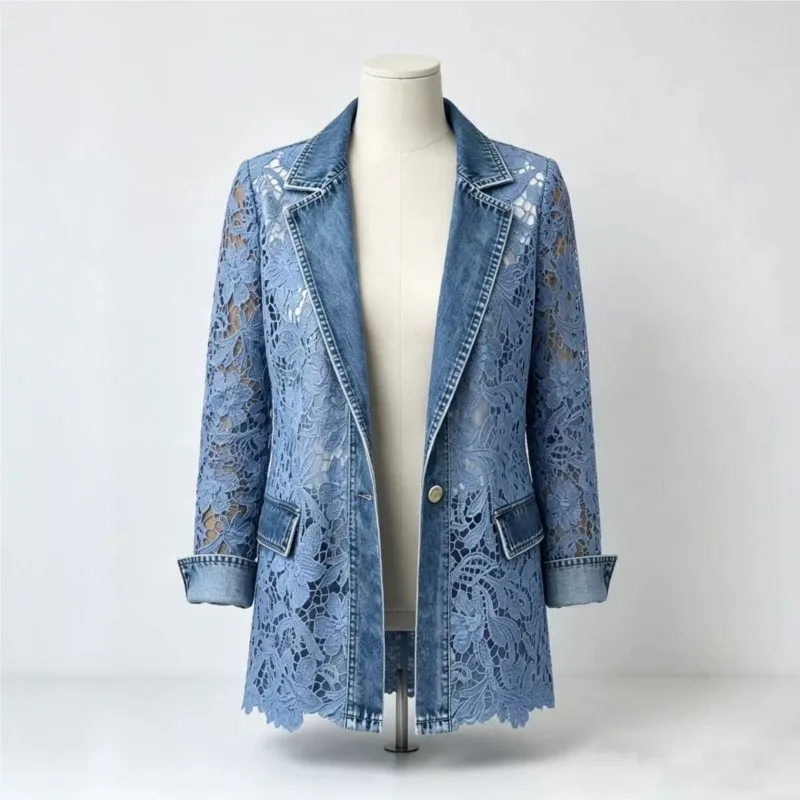 Vintage Women's Jacket Hollow Out Lace Spliced Denim Jacket Women Lapel Single Button Long Sleeve See Through Casual Blazer Coat