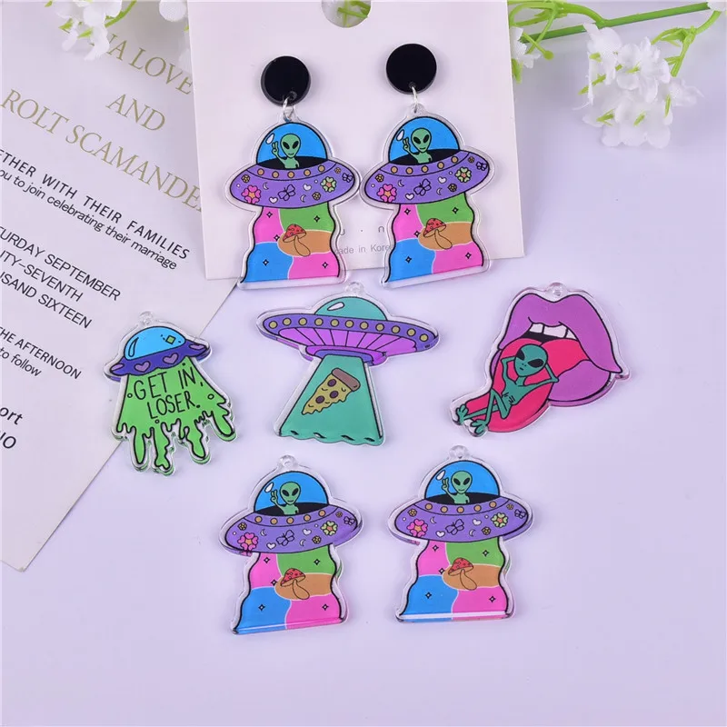 10pcs/pack Funny Style UFO Alien Spacecraft Acrylic Charms for DIY Earring Jewelry Making