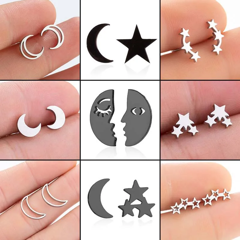 New Fashion Stainless Steel Moon Star Earring Asymmetry Geometric Ear Jewelry Girls Valentine's Day Earrings Gifts Accessories