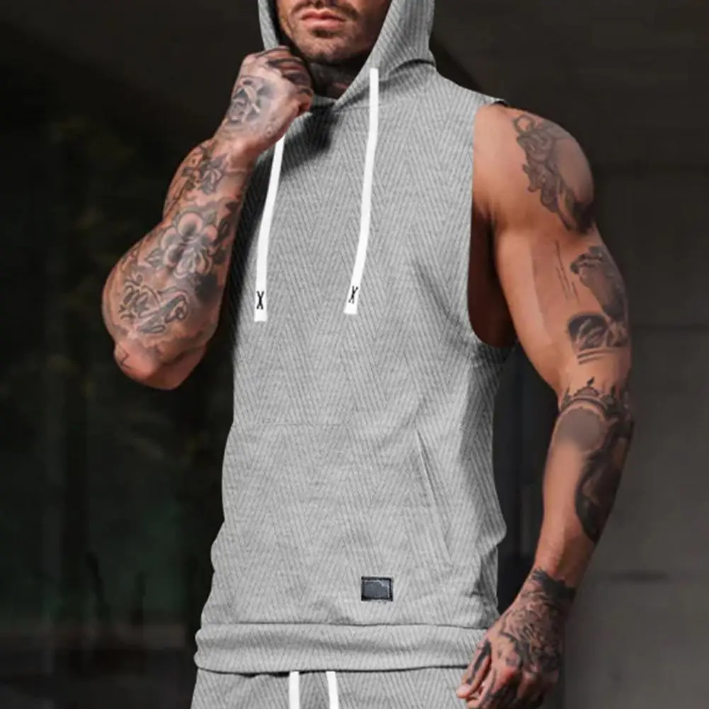 Solid Color Sleeveless T-shirt Men's Casual Hooded Knitted Vest with Front Pocket Large Pockets Sports Style for Fitness