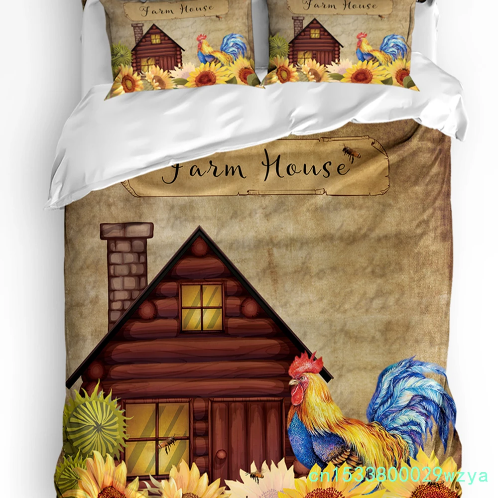 Farm Sunflower Rooster Vintage Duvet Cover With Pillow Case Custom 3pcs Bedding Set Quilt Cover Double Bed Home Textile