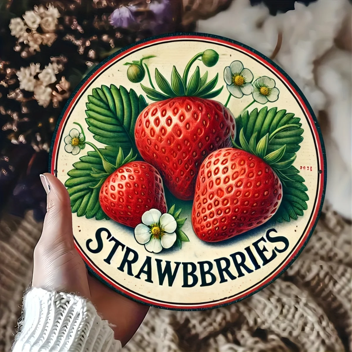 

Vintage Strawberry Aluminum Wall Art Sign - Round Foil Decor for Kitchen, Bedroom, Restaurant & Bar, Easy to Install