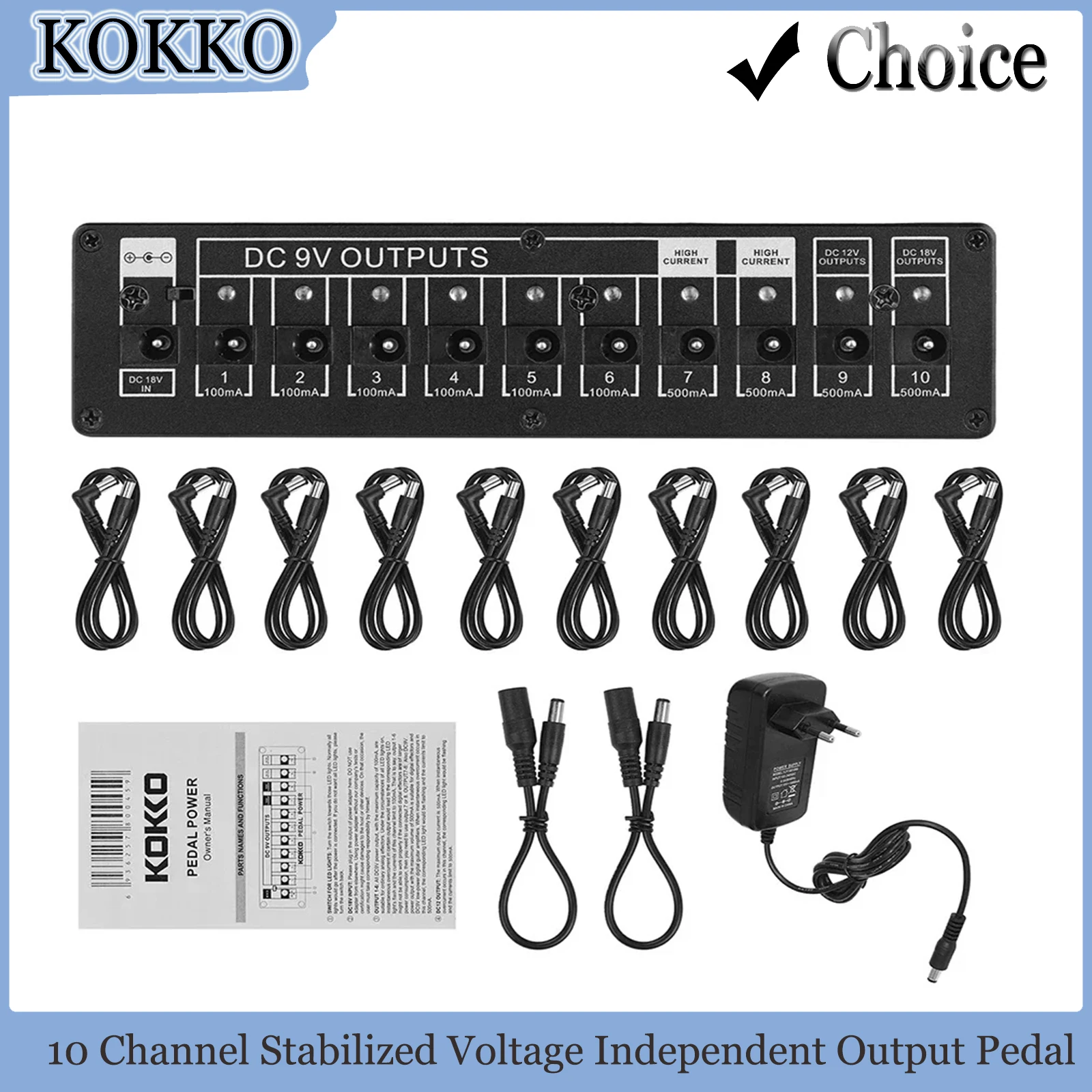 

KOKKO Мини-блок питания для педали гитары, 10 изолированных выходов, высококачественный источник питания для гитарной педали, выход 4*500 мА, выход 6*100 мА
