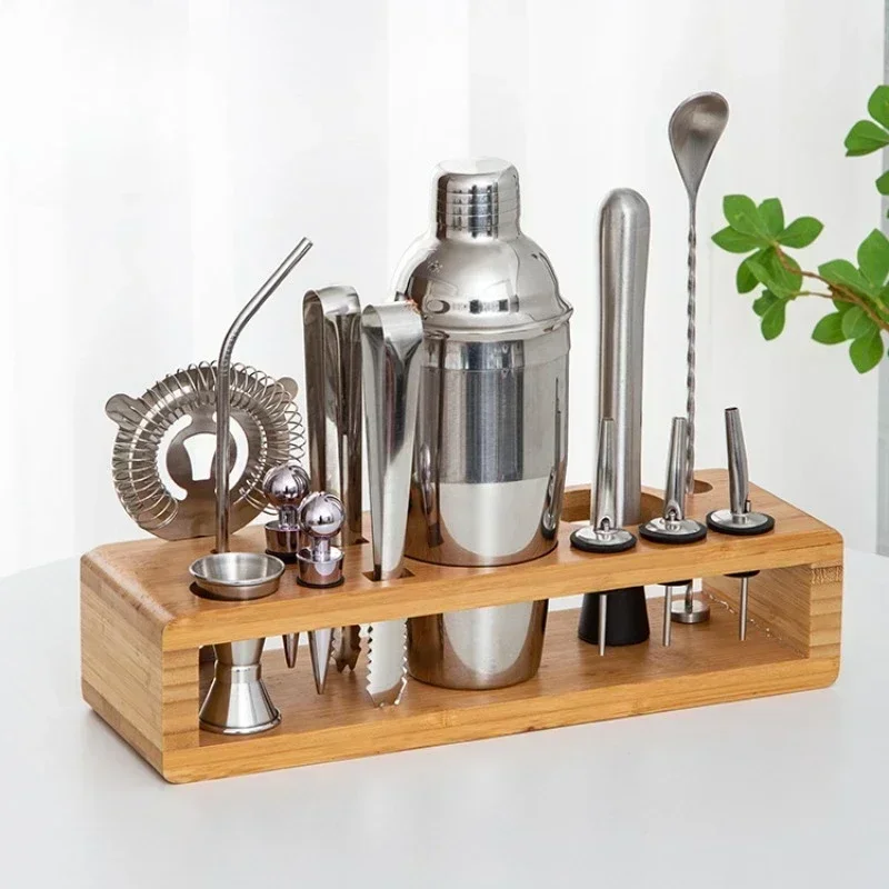 Bamboo and wood rack wine set 700ml stainless steel cocktail shaker full set of bartending tools bar set