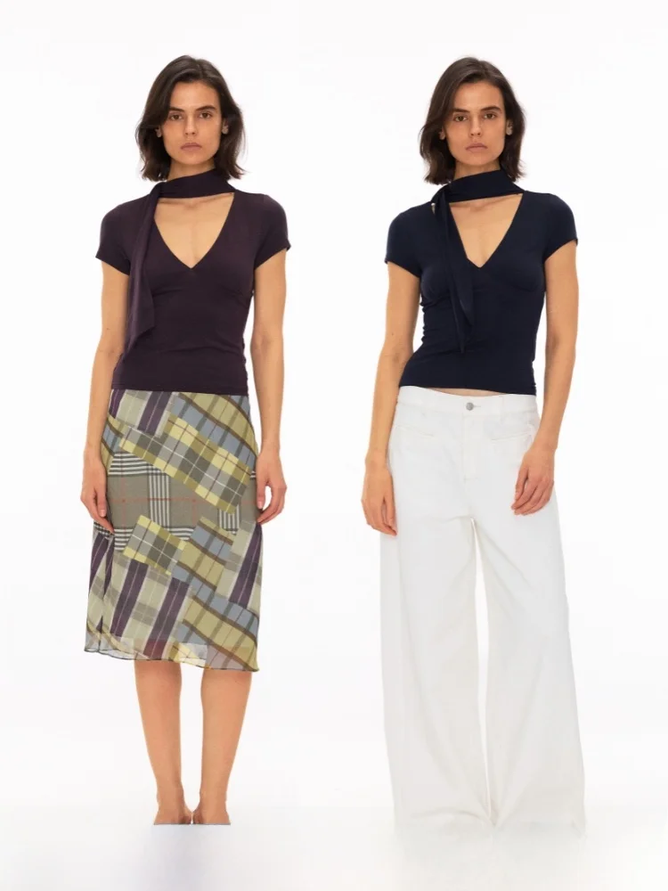 

Slim Fit V-Neck T-Shirt with Sash Elasticity Raseel Short Sleeve Women's Fashion Sexy Style Purple Blue Open Enrollment Deft