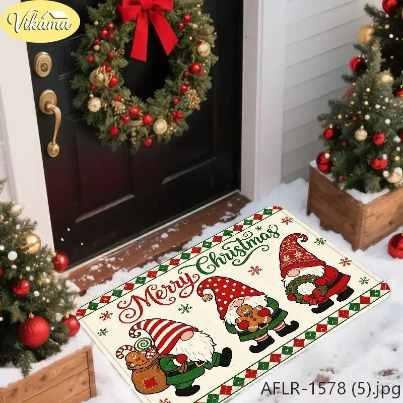 VIKAMA Christmas Gnomes Doormat Gingerbread Man Wreath Merry Christmas Welcome Mat Entryway Rug Front Porch Xmas Decor