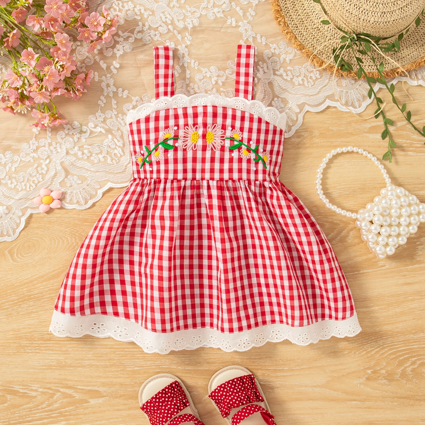 

Summer Toddler Dress Flower Embroidered Red Plaid Dress with Lace Trim Baby Clothes For Girl