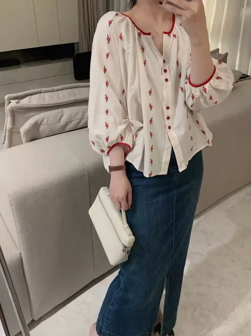 New Long-Sleeved Loose Slimming Look Shirt Printed Cute and Sweet Design Pastoral Style Versatile Shirt