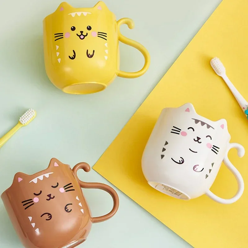 Cartoon Gargle Cup Children Milk Coffee Cup with Handle Thickened Travel Portable Plastic Cat Shape Mouthwash Toothbrush Cup