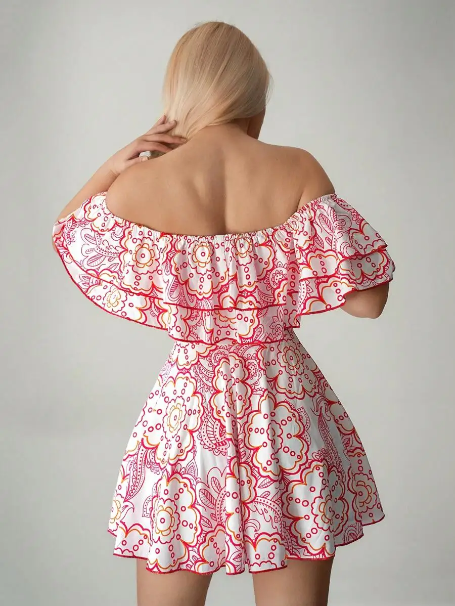 

Off Shoulder Ruffle Floral Print Mini Dress Bohemian Style