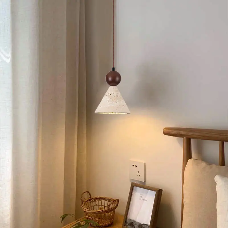 Japandi Minimalist Pendant Light Natural Travertine Limestone E27 Wood Accent Warm Light for Home Office Study view 3