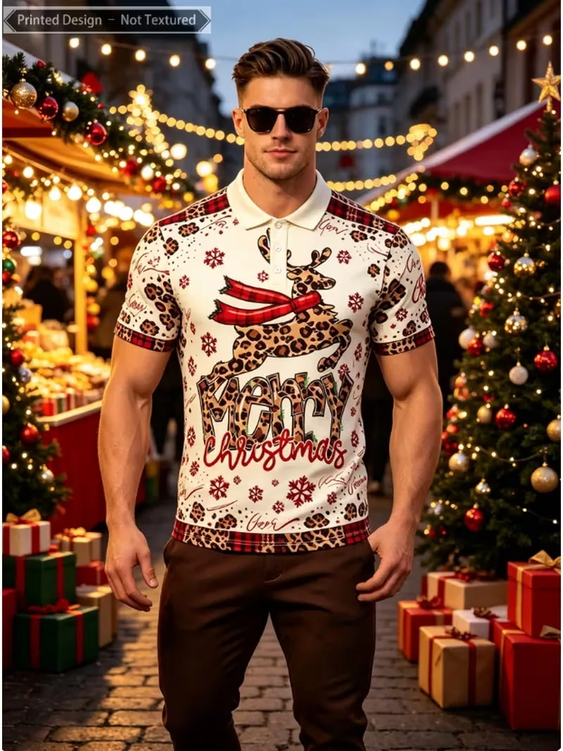 Men Merry Christmas Leopard Reindeer Print Polo Shirt Short Sleeve Lapel Tops Snowflake Plaid Trim Xmas Casual Wear For Men