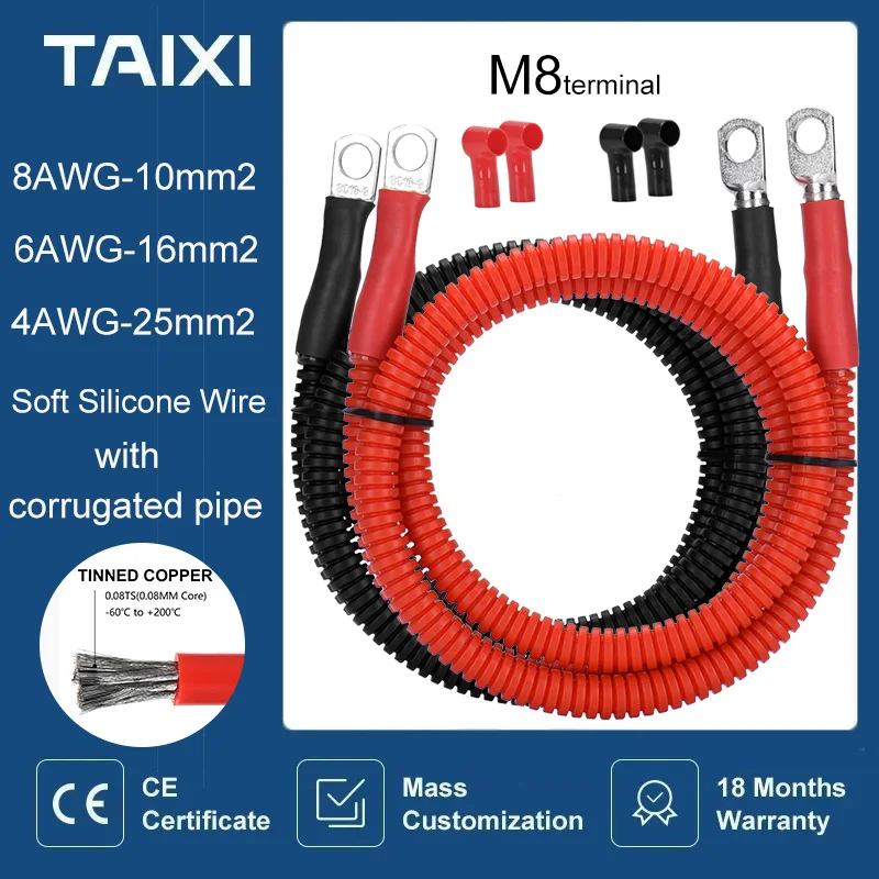 

Inverter Battery Connection Cable 8 6 4 3AWG With M8 terminal Outer Bellows Protection, Waterproof, Dustproof, And Sunscreen