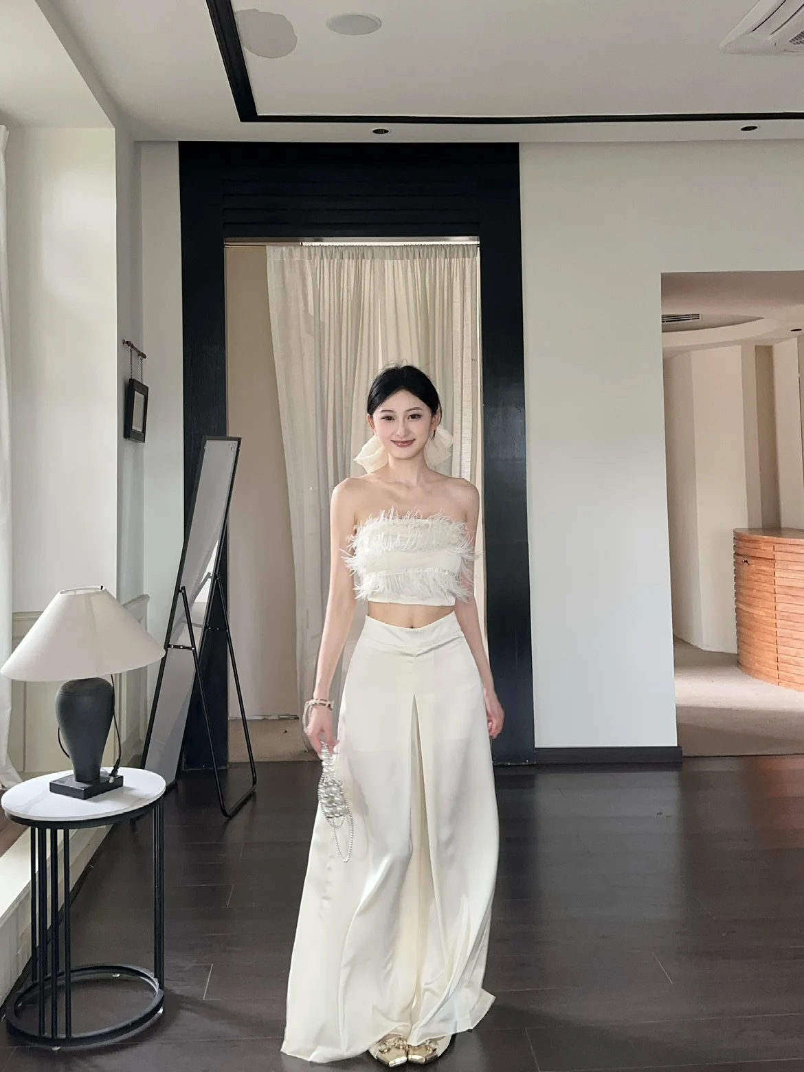 

Костюм Pure Desire с бахромой на одно плечо, атласный, с широкими брюками, струящийся, с высокой талией, для повседневной носки, свободного кроя, на все сезоны