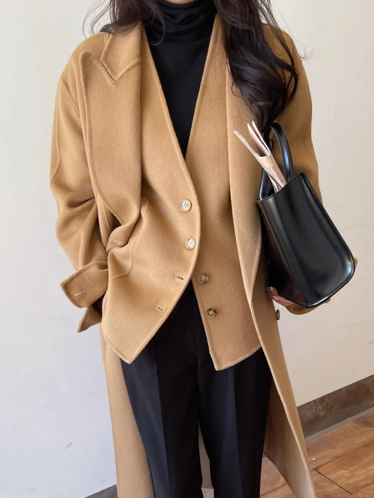 LANMREM Luxury Woolen Coat For Women Double-sided Cashmere Coats Two Pieces Matching Female Long Length Fashion Clothing 2R8142