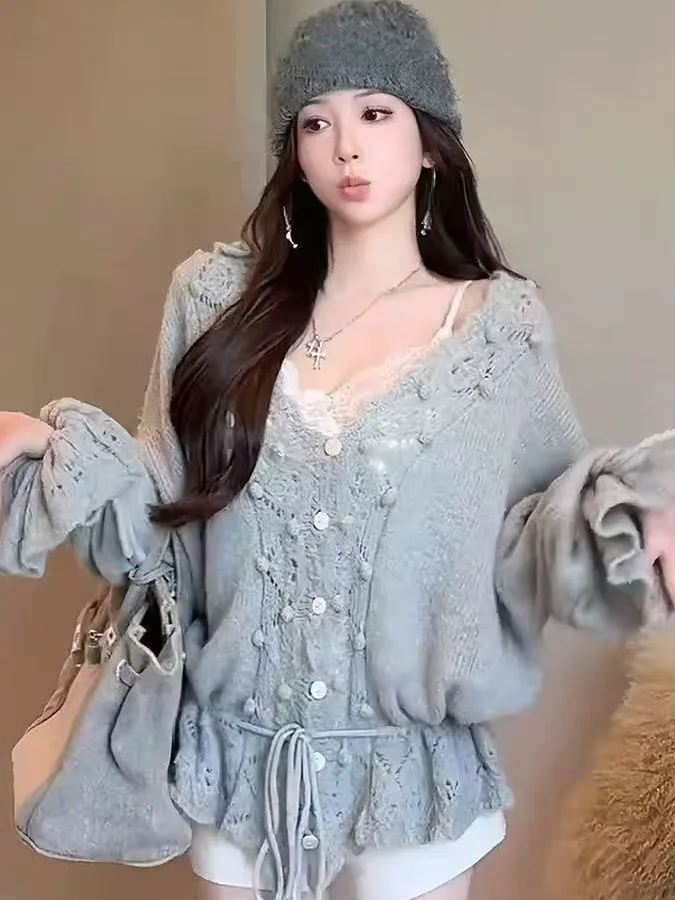 Atasan Kardigan Terbuka Rajutan Longgar Pakaian Rajut Sve Berongga V-ne Lembut Wanita untuk Musim Gugur 2025 Sle Nyaman Kasual