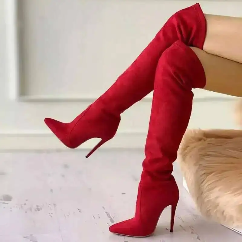 2025 Sexy High Heel Suede Pointy Boots Black Over The Knee Boots