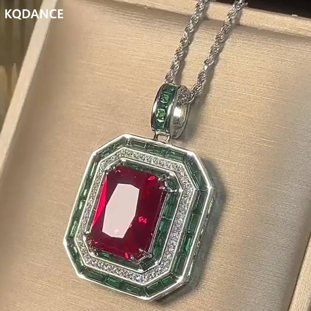 

KQDANCE 925 Sterling Silver With Rectangle 14*16mm Lab Green Gem Emerald Red Ruby Diamond Pendants Necklace Luxury Fine Jewelry