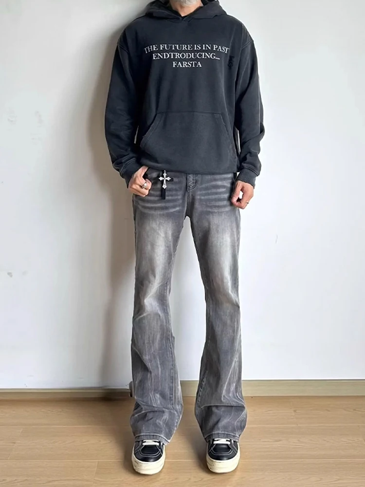 

Cleanfit Bla Waed Lightning Pattern Men's Jeans Slim Straight Cut Youthful Street Sle mid Waist Button Closure Denim Pants