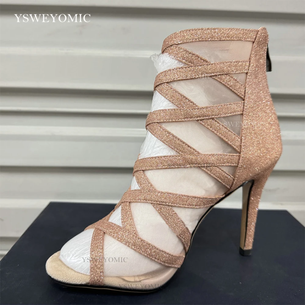 10 cm Tanz Heels Gummi Sohle Outdoor Champagner Gold Mesh Glitter Ausschnitt Heels Zapatos de baile Jazz Dance Booties