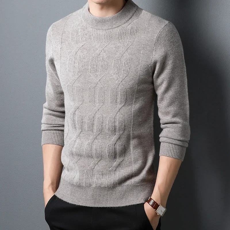 Pure Wool Thickened Warm Sweater Winter Solid Color Men Jacquard Business Casual Slim Fit Brand Round Neck Knit Sweater Pullover