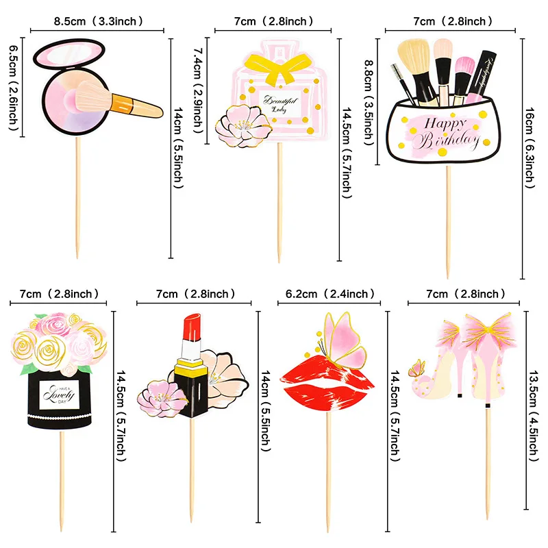 Perfume Lipstick Makeup brush Cake Toppers DIY Cupcake Topper Flower Bow Cake Flags Girl Happy Birthday Bride Party Baking Decor