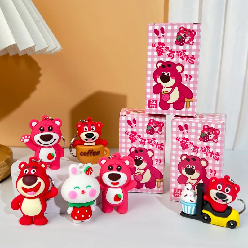 24pcs Lotso Strawberry Bear Blind Box Keychain Children\'S Festival Small Gift Cartoon Anime Trend Play Doll Pendant Wholesale