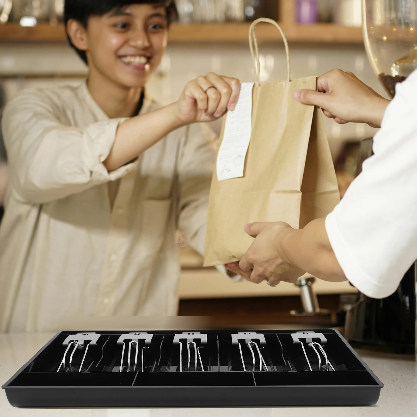 Vassoio per negozio Multi-griglie Organizzatore di denaro Scatola di registrazione Sostituzione 3 scomparti Vassoio portamonete portatile con supporto per valuta