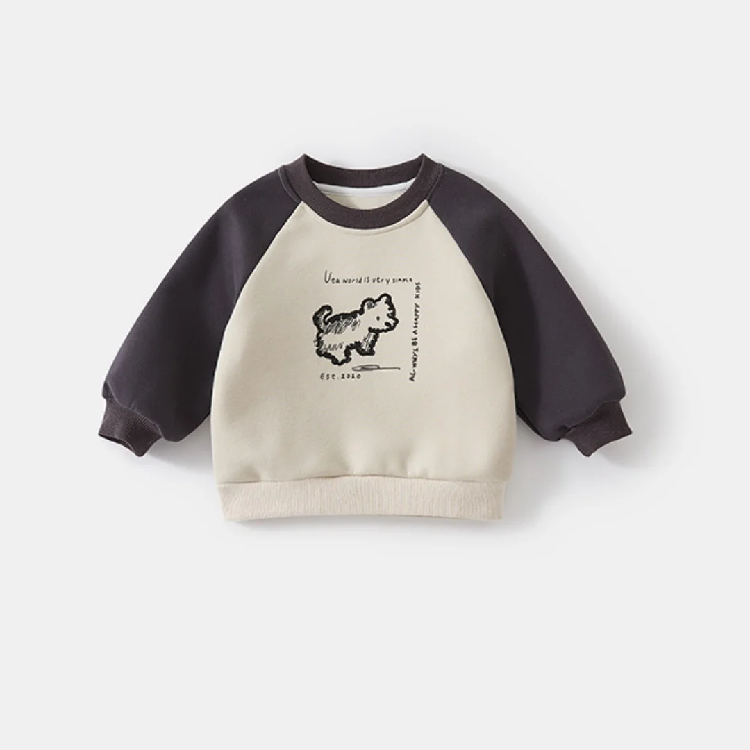 2026 Autumn Kids Pullover Sweats Cartoon Print Color Blocking Long Sleeves O-Neck Boys Top 1-5Y Soft Loose Children Clothes