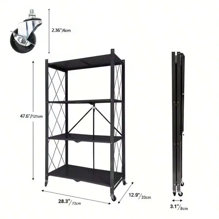-Heavy-Duty Folding Storage Rack With Wheels – Portable Multi-Tier Floor Standing Shelving Unit, No Assembly Required, Ideal For