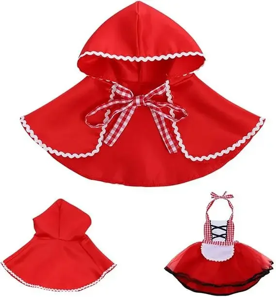 Kinder-Märchenbuch-Kostüm für Mädchen, Rollenspiel-Partykostüm, Kapuzenumhang, Rot Karierter Rock mit Schnürung, Halloween-Feiertagsoutfit – Detail 10