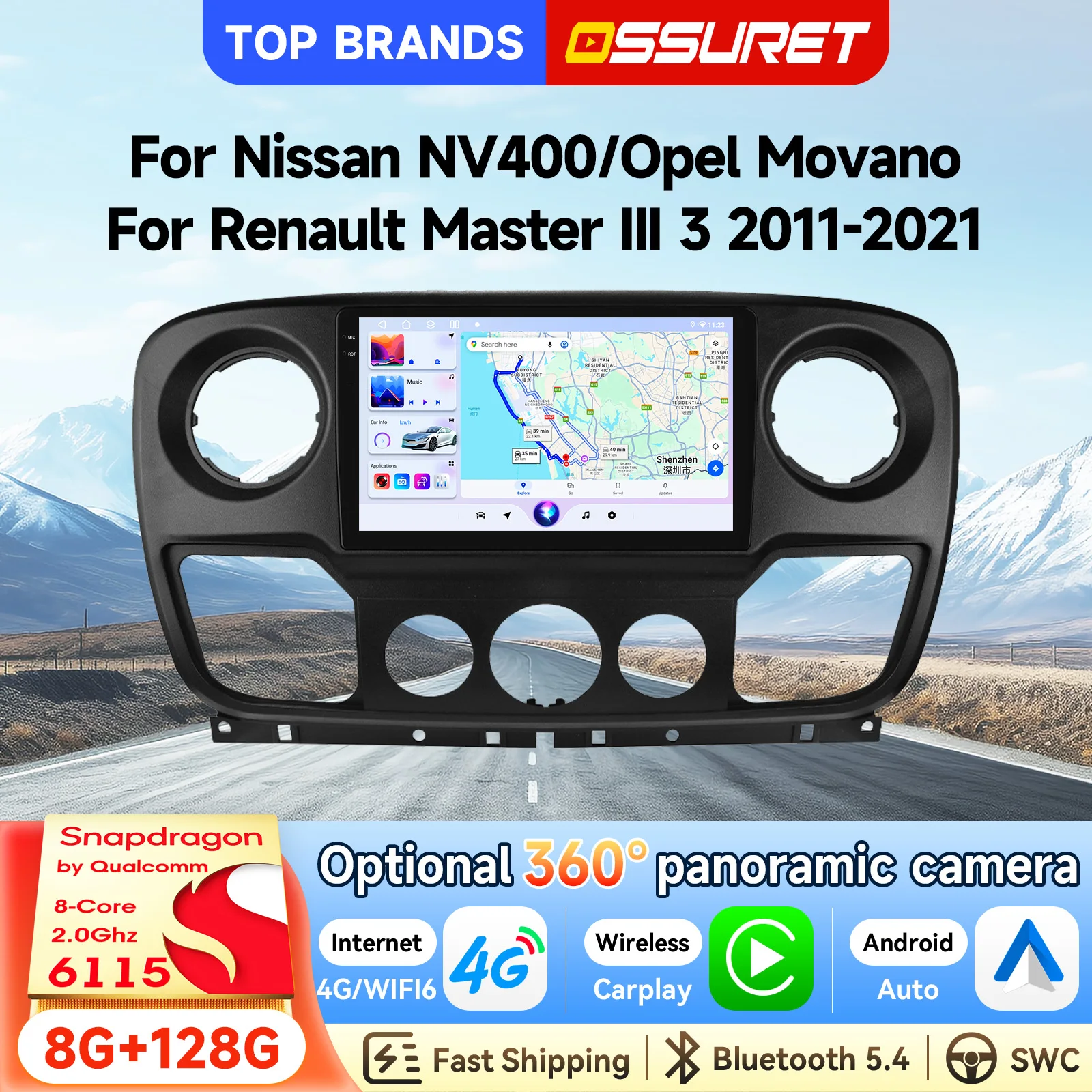 OSSURET Promotion Exceptionnelle Système Intelligent Android 14 2 Din pour Nissan NV400/Opel Movano 2010-2019 et Renault Master III 3 2011-2021 avec CarPlay, Android Auto, Bluetooth par Qualcomm Snapdragon 6115, WIFI, SWC, DSP Audio, GPS Navigation, Autoradio Multimédia