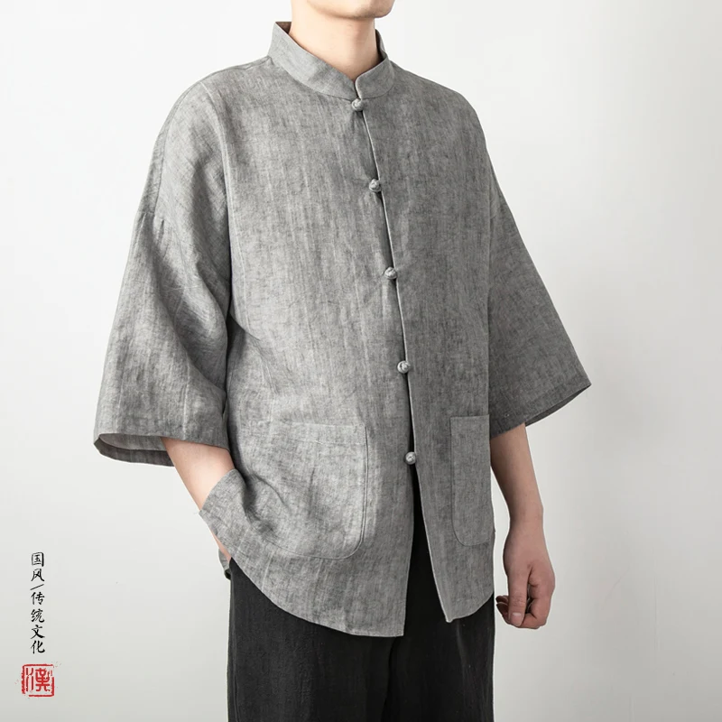 2024 Spring Summer Men Chinese Style Shirts Traditional Kung Fu Tai Chi Cotton Linen Tang Suit Men Shirt Uniform Male Blouses